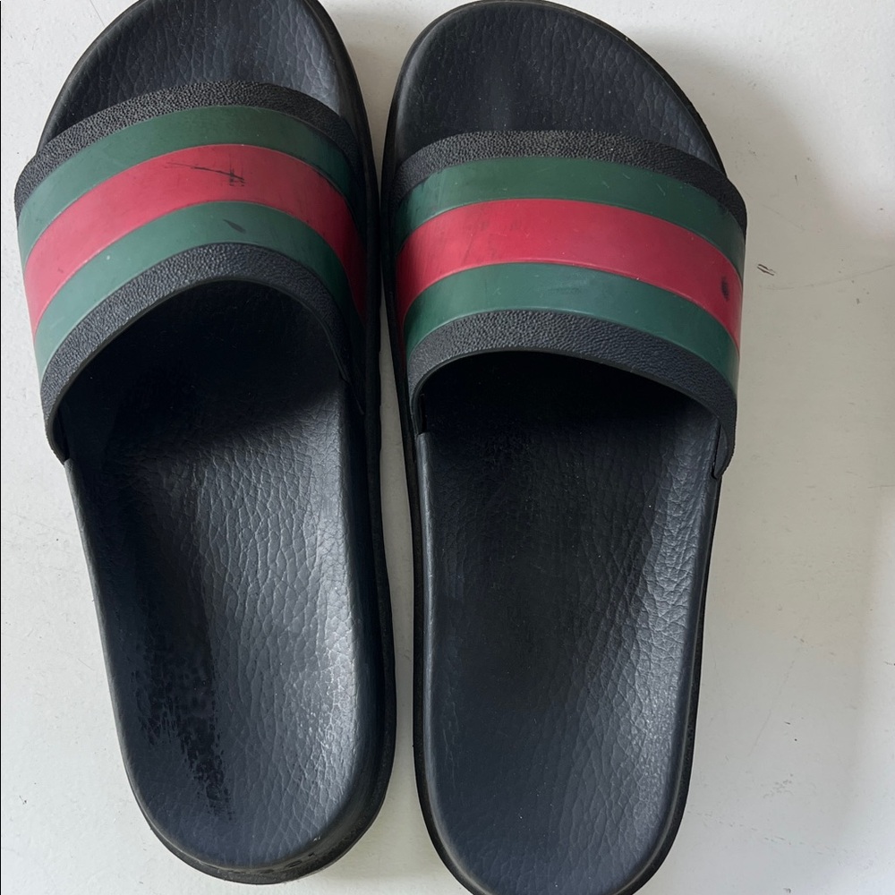 Gucci Black Slides with Red and Green Accents